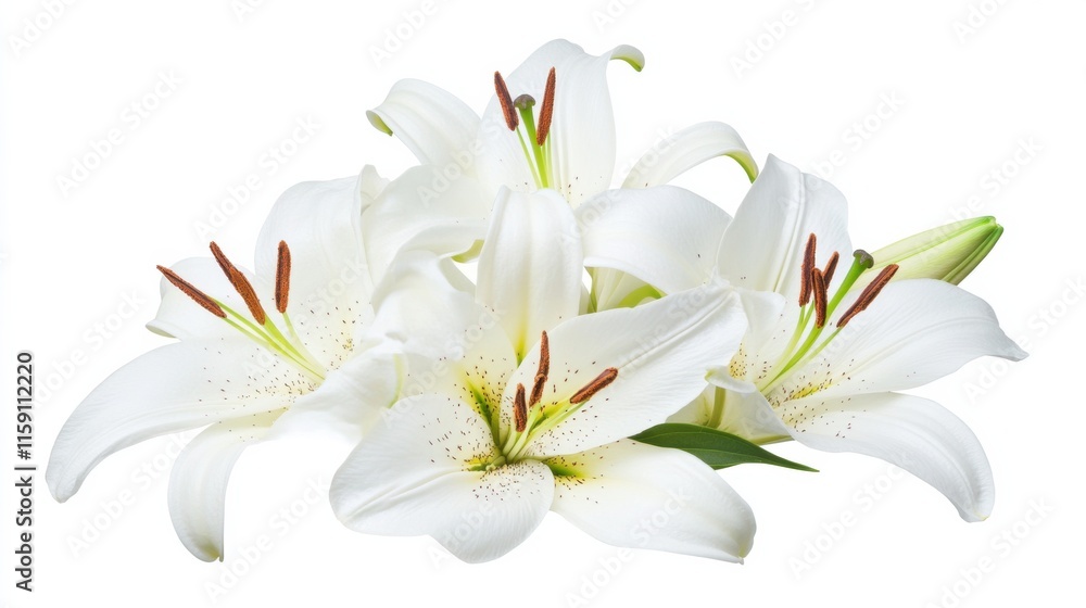 A detailed photograph of a cluster of white lily flowers with delicate petals, isolated white background, minimalist art style A detailed photograph of a cluster of white lily flowers with delicate petals, isolated white background, minimalist art style