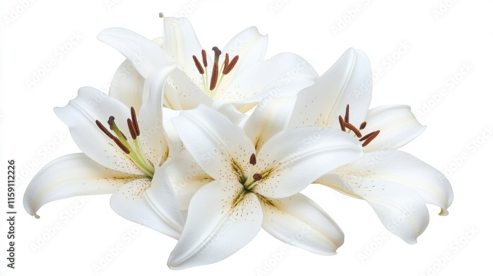Fototapeta premium A detailed photograph of a cluster of white lily flowers with delicate petals, isolated white background, naturalistic art style