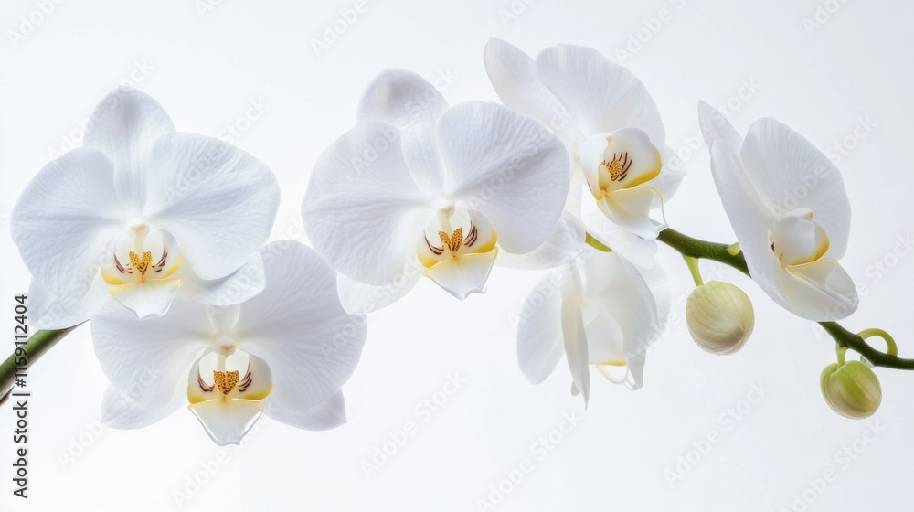 A detailed photograph of a cluster of white orchid blooms with intricate patterns, isolated white background, minimalist art style A detailed photograph of a cluster of white orchid blooms with intricate patterns, isolated white background, minimalist art style