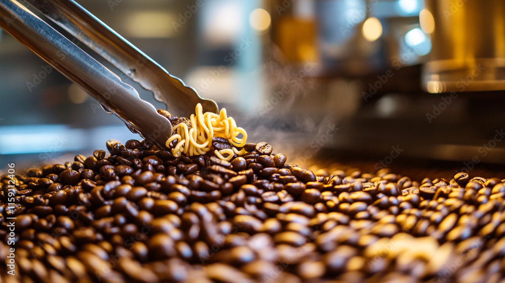 Tongs lifting noodles from a bed of freshly roasted coffee beans. Tongs lifting noodles from a bed of freshly roasted coffee beans.