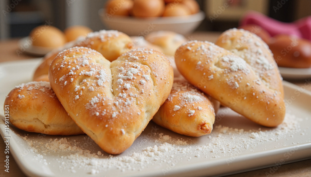Delicious heart-shaped pastries adorned with powdered sugar, Valentine's Day Delicious heart-shaped pastries adorned with powdered sugar, Valentine's Day