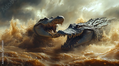 Two crocodiles clashing in a stormy river.