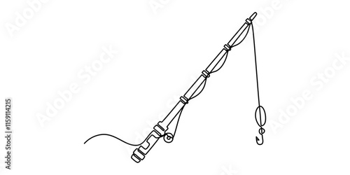 One continuous drawn single art line sketch fishing rod, spinning rod, reel, tackle, Continuous one line drawing of a fish on a rod. Fishing hobby concept. Simple vector illustration, Minimalist style