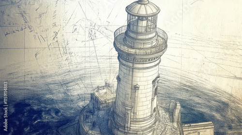 blueprint hand-drawn illustration, A detailed blueprint of a lighthouse featuring an intricate spiral design, ideal for architectural, nautical, or engineering projects.