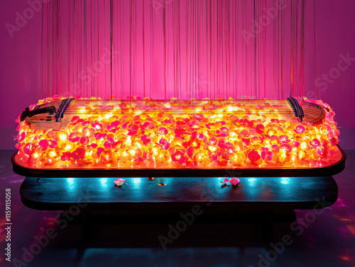 santoor adorned with glowing lights and vibrant floral patterns photo