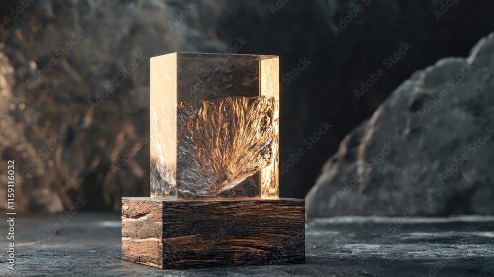 Illuminated resin cube on wooden base. Illuminated resin cube on wooden base.