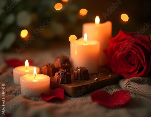 A romantic setup with candles, roses, and chocolates, creating a cozy vibe. photo