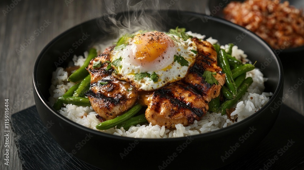 Steaming hot bowl of grilled chicken, rice, green beans, and a fried egg. Steaming hot bowl of grilled chicken, rice, green beans, and a fried egg.