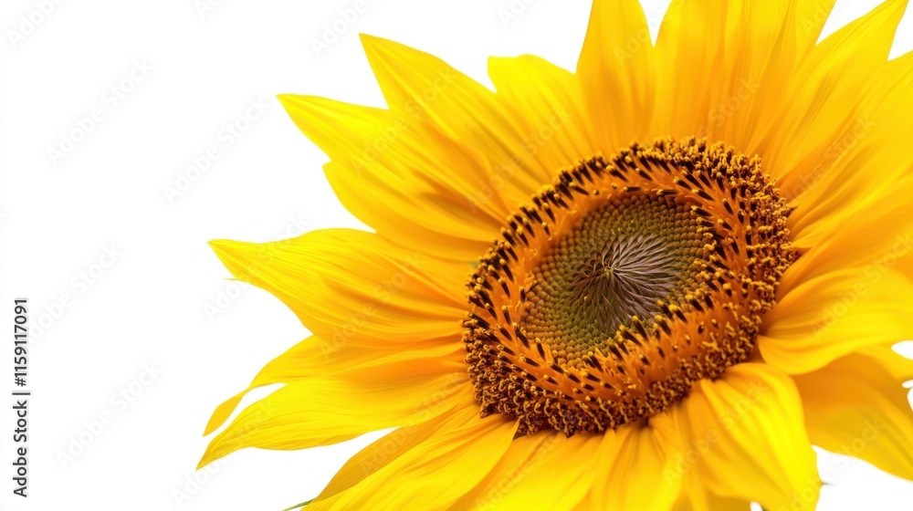 Naklejka premium A detailed shot of a golden sunflower with its bright petals and dark center, isolated white background, minimalistic art style