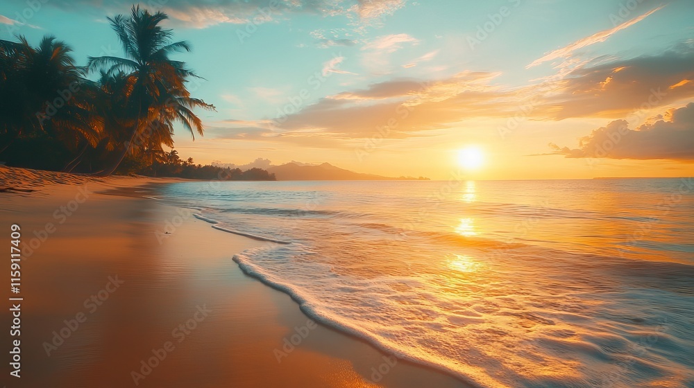 Stunning vibrant sunset over a serene tropical beach paradise with golden sand, calm waves, and lush palm trees in a tranquil exotic setting Stunning vibrant sunset over a serene tropical beach paradise with golden sand, calm waves, and lush palm trees in a tranquil exotic setting