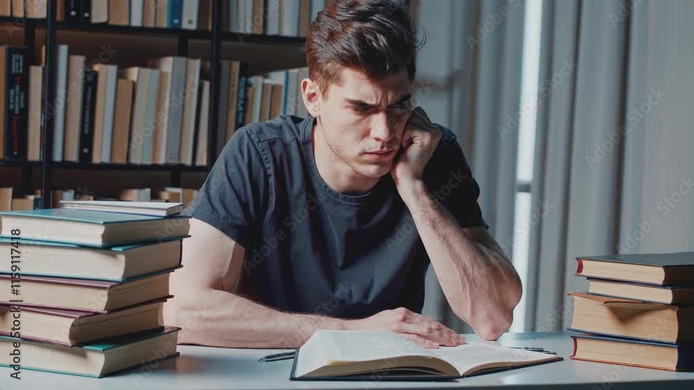 Portrait of a young male student sitting discouraged at a desk full of books and struggling with his studies. Portrait of a young male student sitting discouraged at a desk full of books and struggling with his studies.