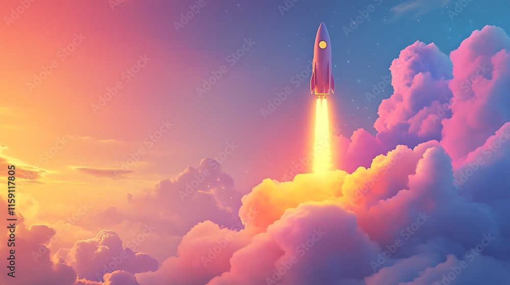 Fototapeta premium Rocket Ascending Through Colorful Sunset Clouds