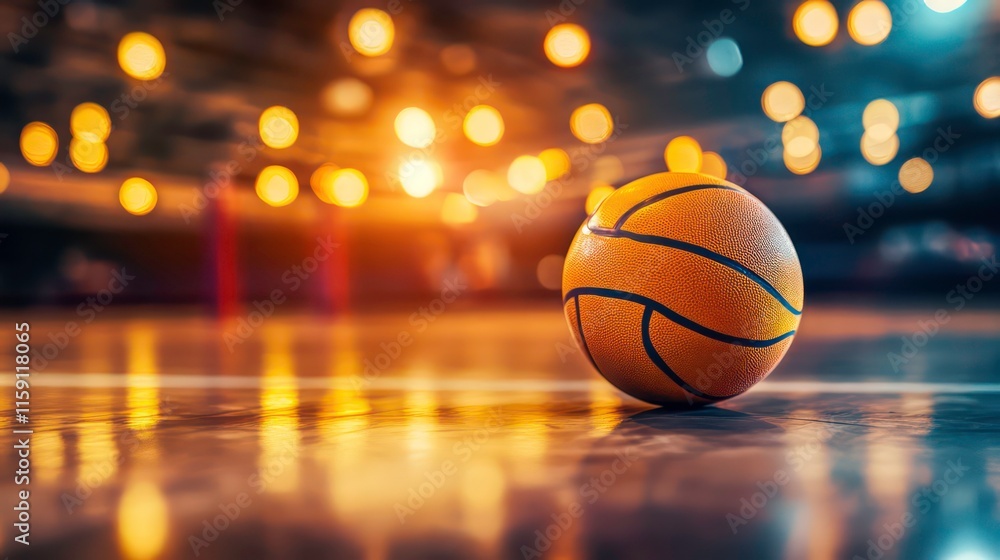 Close-up of a basketball on a shiny court with blurred lights in the background. Close-up of a basketball on a shiny court with blurred lights in the background.