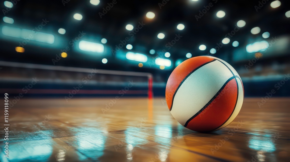 A vibrant volleyball resting on the polished gym floor under bright lights during a sports event A vibrant volleyball resting on the polished gym floor under bright lights during a sports event