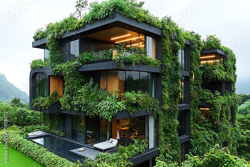 A stunning final shot of a completed eco-friendly building under a radiant sun, showcasing sustainable architecture, modern design, and a harmonious connection with nature photo