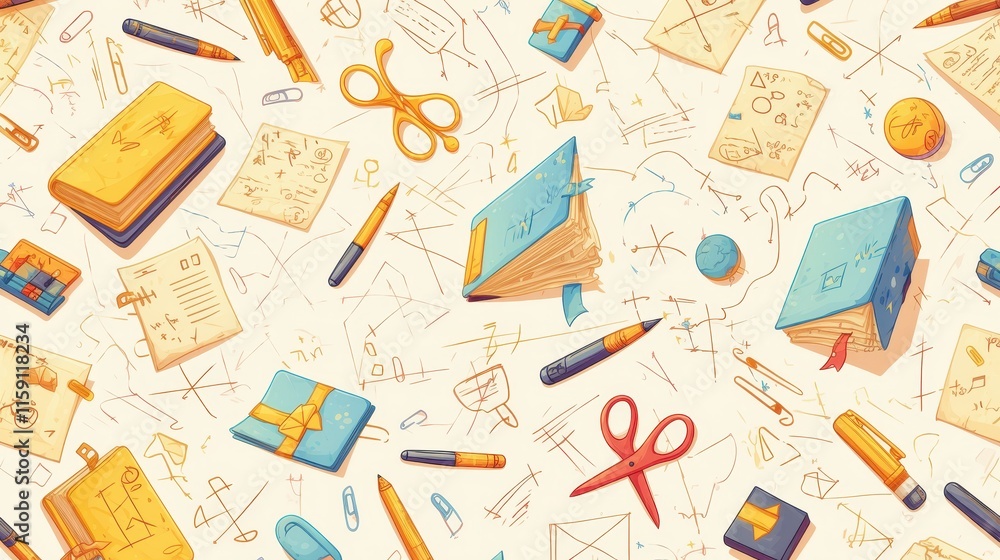 A colorful arrangement of stationery items and books on a light background. A colorful arrangement of stationery items and books on a light background.
