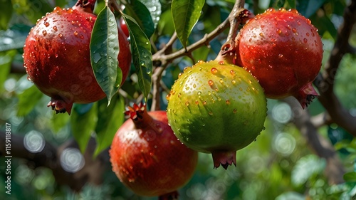 Pomegrnate fruits hanging from branches. photo