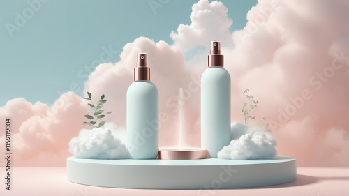 Beauty product mockup with a cosmetic bottles on a pastel podium