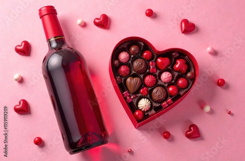 Bottle of wine, rose flowers, gift boxes and hearts on darktable. Valentine's Day celebration photo