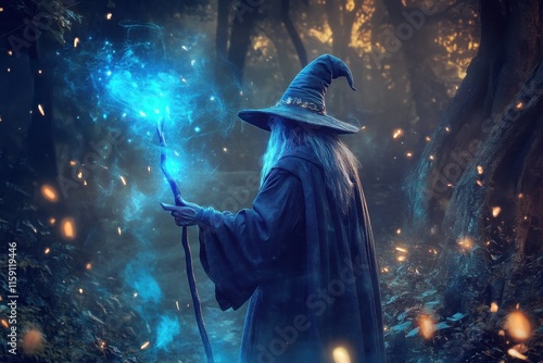 Mysterious wizard conjuring spells amidst shimmering light in an enchanted forest photo