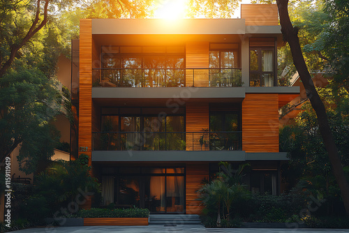 A stunning final shot of a completed eco-friendly building under a radiant sun, showcasing sustainable architecture, modern design, and a harmonious connection with nature photo