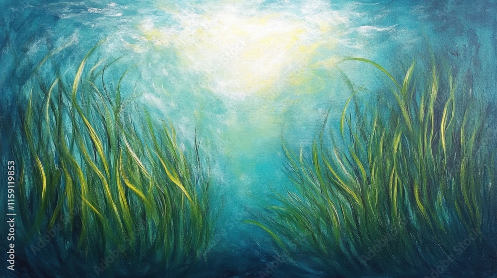 Fototapeta premium Underwater Landscape with Green Seaweed and Soft Light Surrounding