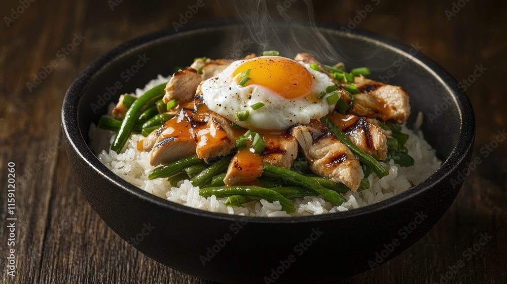 Steaming chicken, green beans, and rice bowl topped with a fried egg. Steaming chicken, green beans, and rice bowl topped with a fried egg.
