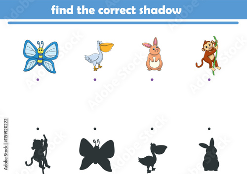 Funny cartoon wild life. Find the correct shadow. Kids Education games. Cartoon vector illustration