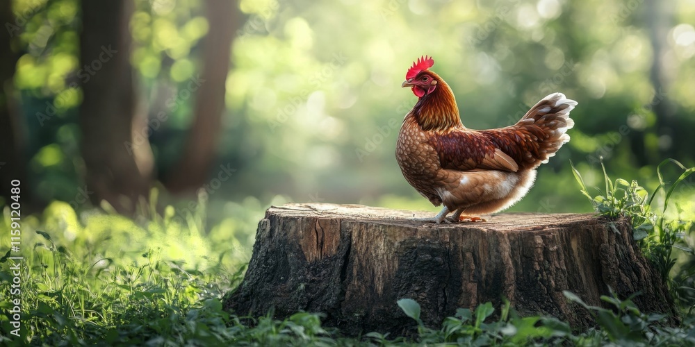 Majestic rooster standing on tree stump in sunlit forest clearing Majestic rooster standing on tree stump in sunlit forest clearing