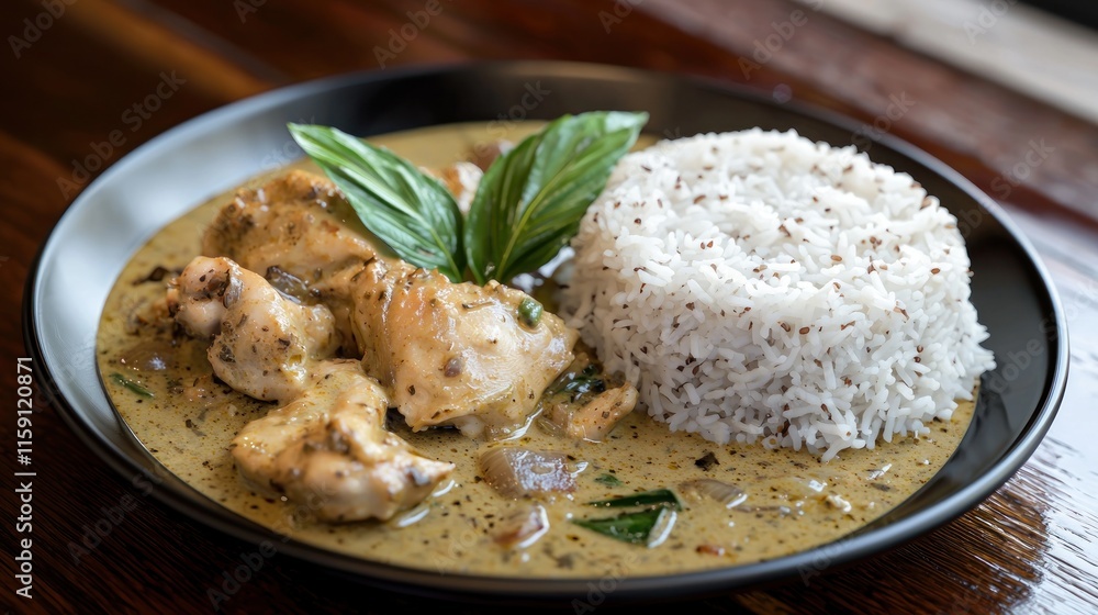 A plate of chicken curry served with rice. A plate of chicken curry served with rice.