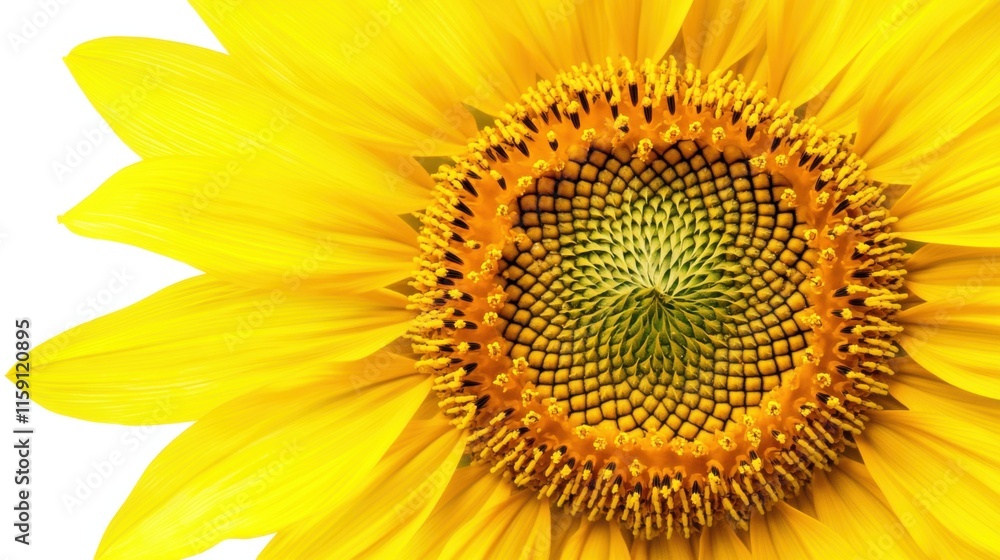A detailed shot of a yellow sunflower with its intricate center and bright petals, isolated white background, minimalistic art style A detailed shot of a yellow sunflower with its intricate center and bright petals, isolated white background, minimalistic art style