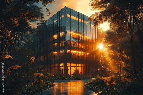 A stunning final shot of a completed eco-friendly building under a radiant sun, showcasing sustainable architecture, modern design, and a harmonious connection with nature photo