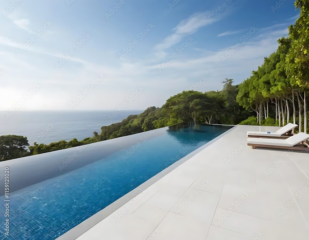 Fototapeta premium Infinity Pool Overlooking Ocean Lush Greenery
