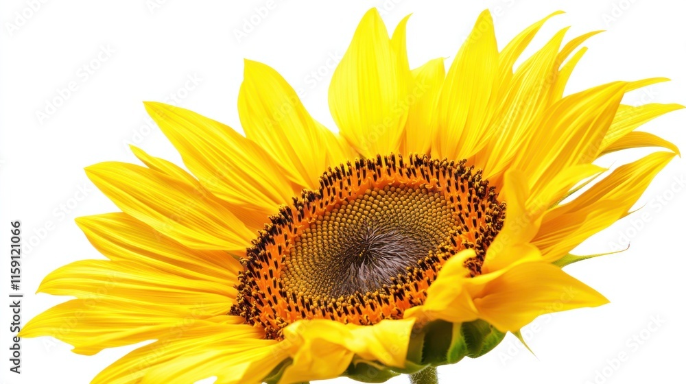 Naklejka premium A detailed shot of a yellow sunflower with its large, golden petals and dark center, isolated white background