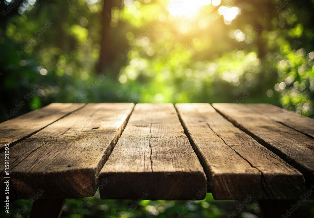 Rustic Wooden Table in Forest with Beautiful Sunlight Streaming Through Lush Green Trees, Creating a Serene and Inviting Outdoor Atmosphere for Relaxation and Reflection Rustic Wooden Table in Forest with Beautiful Sunlight Streaming Through Lush Green Trees, Creating a Serene and Inviting Outdoor Atmosphere for Relaxation and Reflection