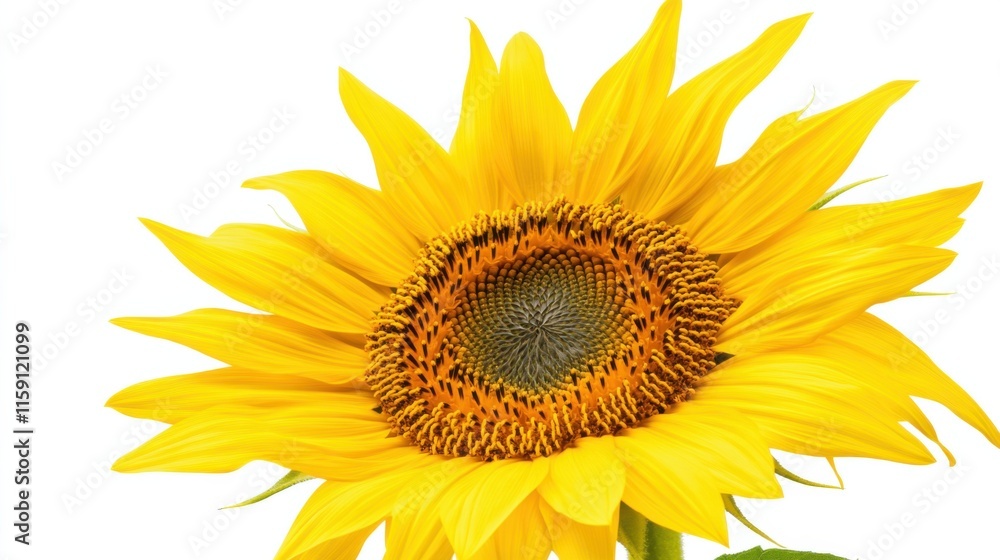 A detailed shot of a yellow sunflower with its large, golden petals and dark center, isolated white background A detailed shot of a yellow sunflower with its large, golden petals and dark center, isolated white background