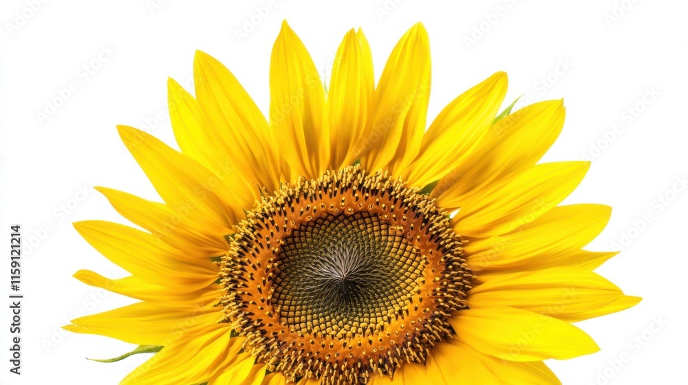 Fototapeta premium A detailed shot of a yellow sunflower with its large, sunny petals and dark center, isolated white background