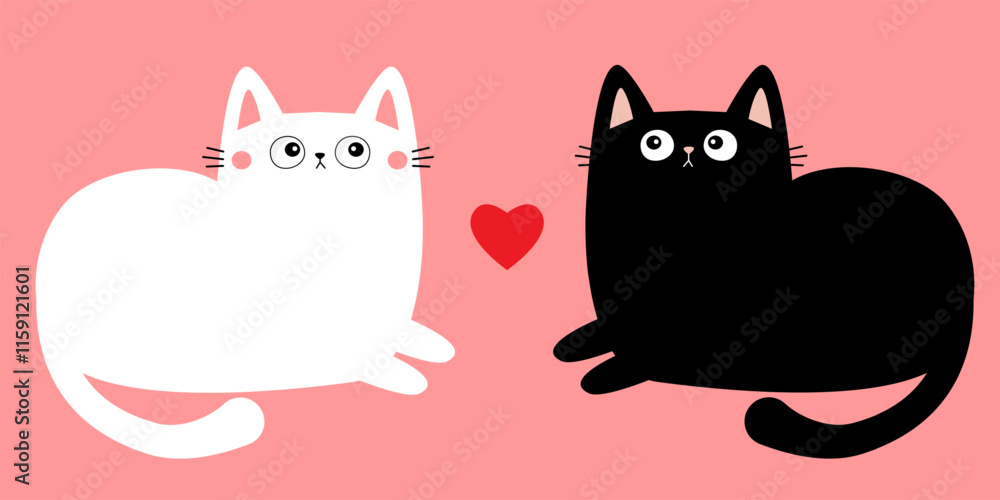 Fototapeta premium Black White laying cat boy girl. Cute sad face head. Kitten love couple. Red heart set. Happy Valentines Day. Cartoon kitty character. Kawaii animal. Love card. Flat design. Pink background. Vector