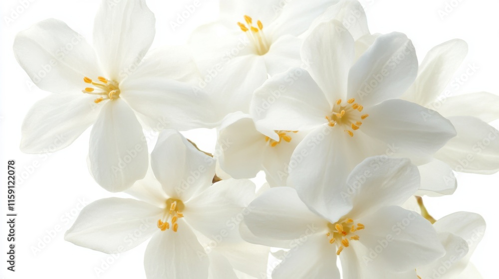 Obraz premium A detailed shot of delicate jasmine blossoms with their ivory-white petals and tiny yellow centers, isolated white background, minimalistic art style