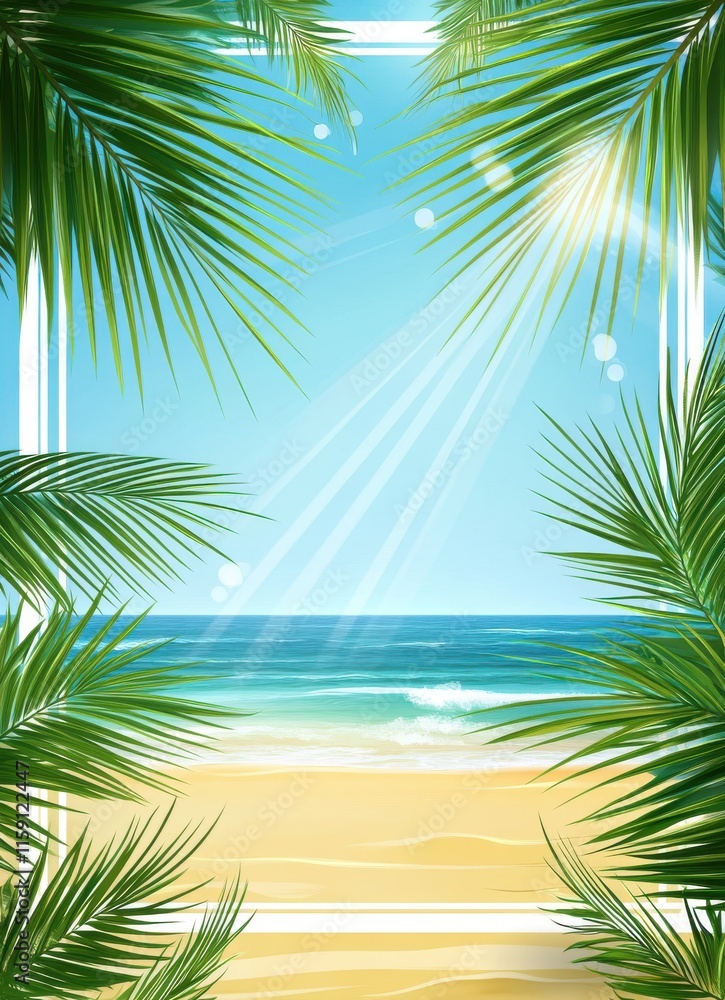 Serene Beach Scene Framed by Lush Green Palm Leaves Under a Bright Blue Sky with Gentle Waves Lapping on the Shore in a Tropical Paradise Serene Beach Scene Framed by Lush Green Palm Leaves Under a Bright Blue Sky with Gentle Waves Lapping on the Shore in a Tropical Paradise