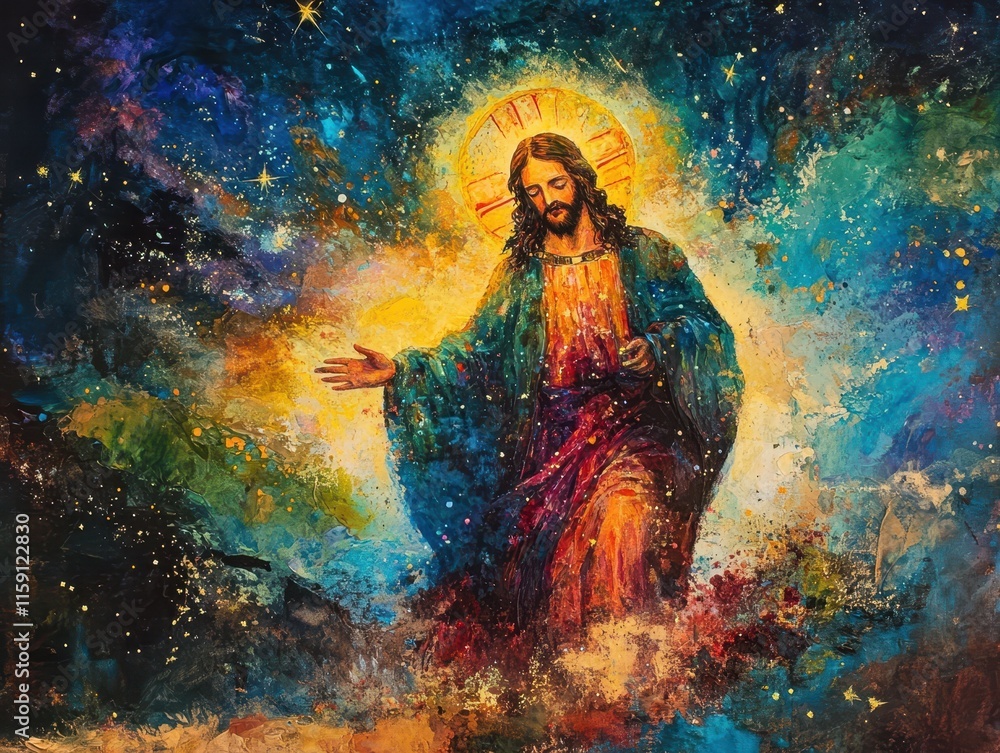 An abstract biblical painting of Jesus in a starry landscape, His figure glowing with vibrant colors that symbolize spirituality