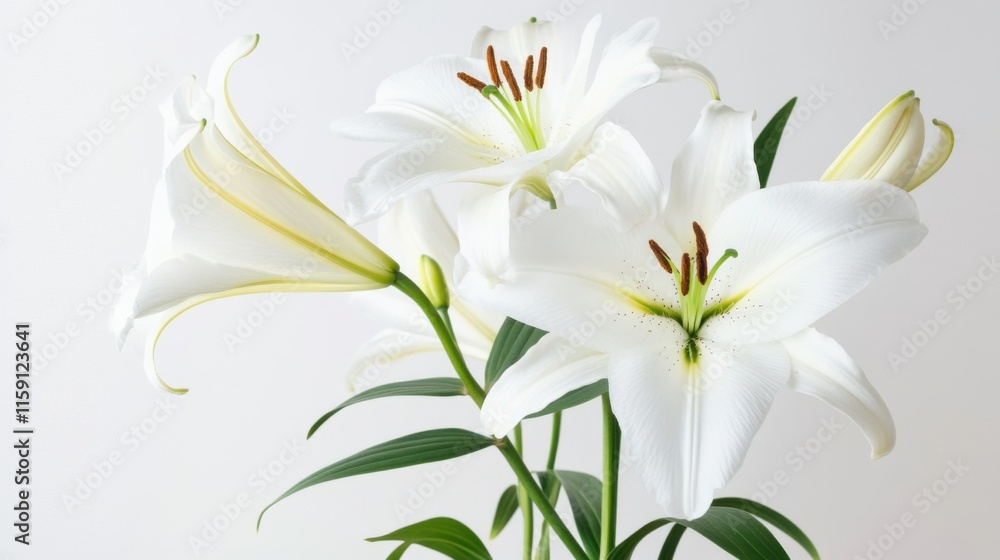 Fototapeta premium A detailed shot of delicate white lily flowers with their trumpet-shaped blossoms and sweet fragrance, isolated white background, minimalist art style