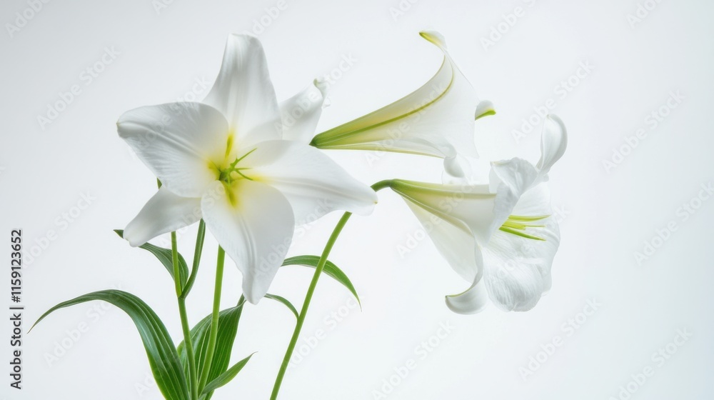 Obraz premium A detailed shot of delicate white lily flowers with their trumpet-shaped blossoms and sweet fragrance, isolated white background, minimalist art style