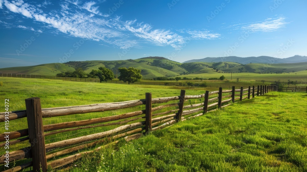 Tranquil Countryside Landscape with Rustic Fence and Rolling Hills Under a Clear Blue Sky Tranquil Countryside Landscape with Rustic Fence and Rolling Hills Under a Clear Blue Sky