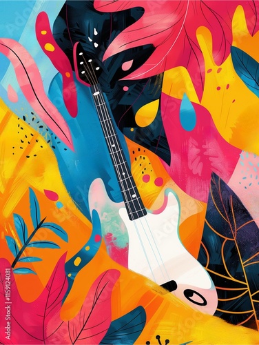 Colorful Guitar Illustration with Musical Vibes and Grunge Pattern