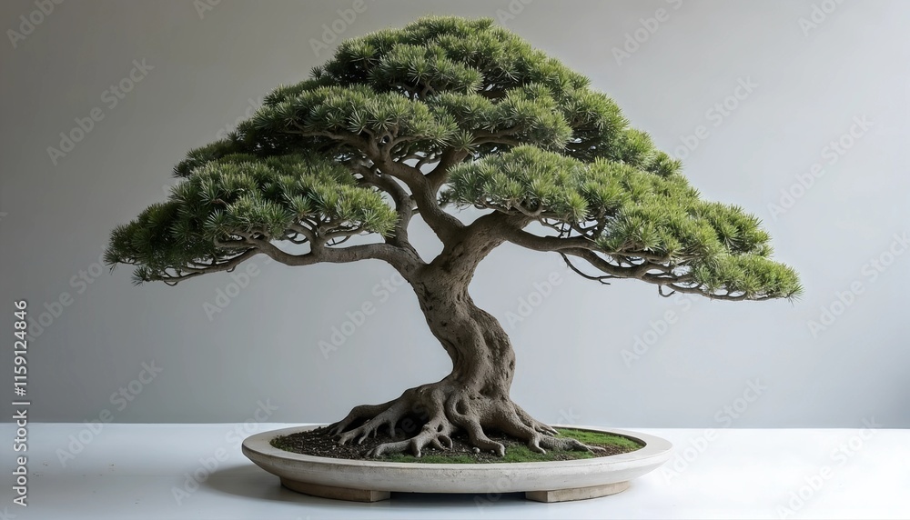 Beautiful bonsai tree in decorative pot displayed on simple background for nature lovers Beautiful bonsai tree in decorative pot displayed on simple background for nature lovers