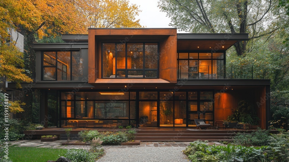 Modern house with rusted metal exterior, large windows, and autumn foliage. Modern house with rusted metal exterior, large windows, and autumn foliage.