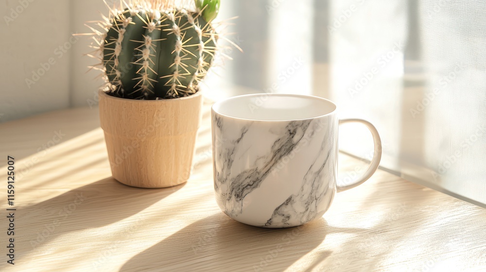 Sunlit mug and cactus on wooden surface. Sunlit mug and cactus on wooden surface.