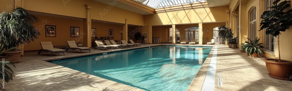 Fototapeta premium Luxurious Indoor Swimming Pool Area with Lounge Chairs and Elegant Lighting