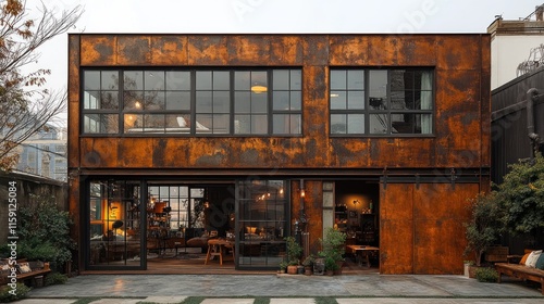 Rustic modern home with corten steel exterior, large windows, and open-plan interior. photo